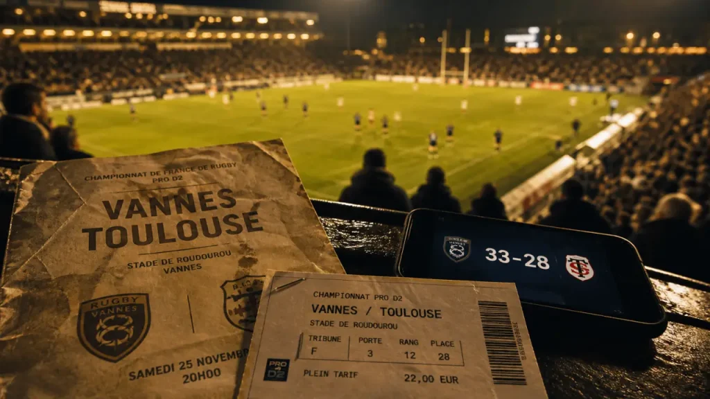 Billets et feuille de match Vannes stade toulousain, score 33-28 au Roudourou