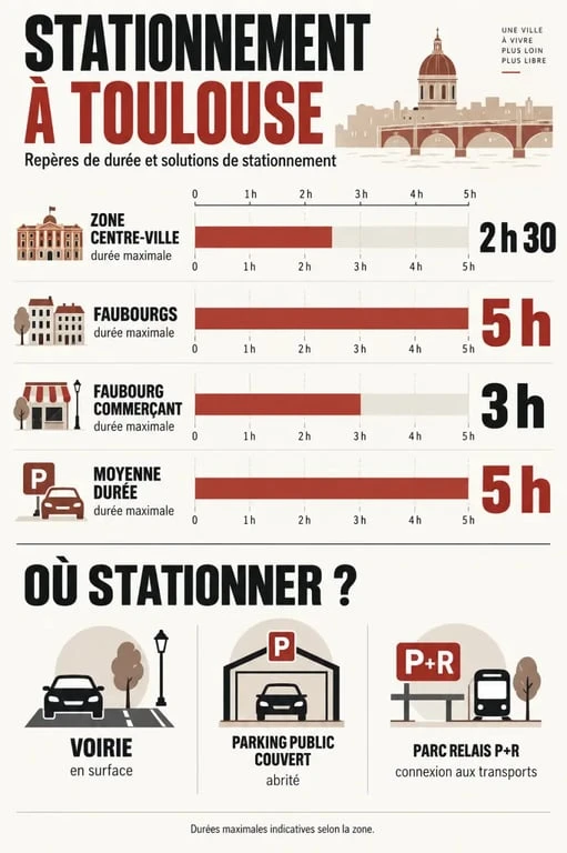 Infographie toulouse parking : zones, durées maximales et tarifs de stationnement
