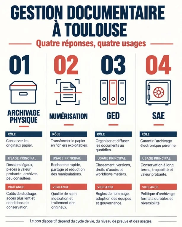 Infographie des services de gestion documentaire et archivage à Toulouse : archivage physique, numérisation, GED et SAE