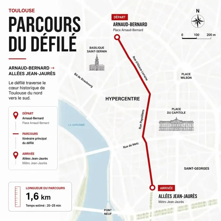 Carte du parcours du grand défilé du Carnaval de Toulouse 2025 dans le centre-ville