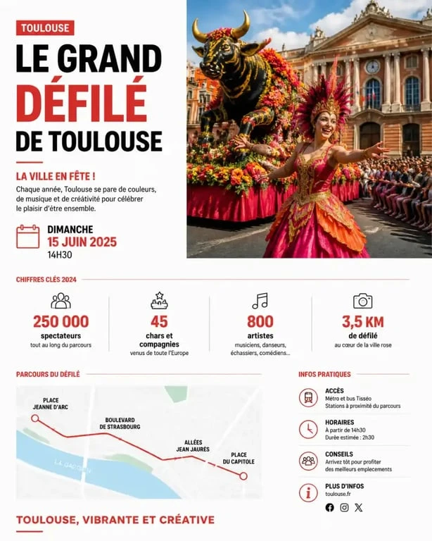 Ambiance festive du Carnaval de Toulouse 2025 avec des chars et des participants costumés dans les rues du centre-ville
