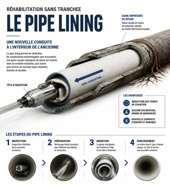 Illustration technique de la réparation de canalisation par chemisage à Toulouse