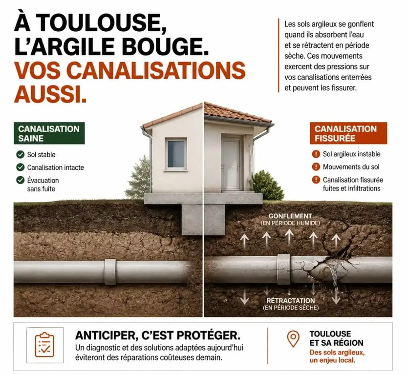 Schéma explicatif des risques liés aux sols argileux pour l'assainissement à Toulouse