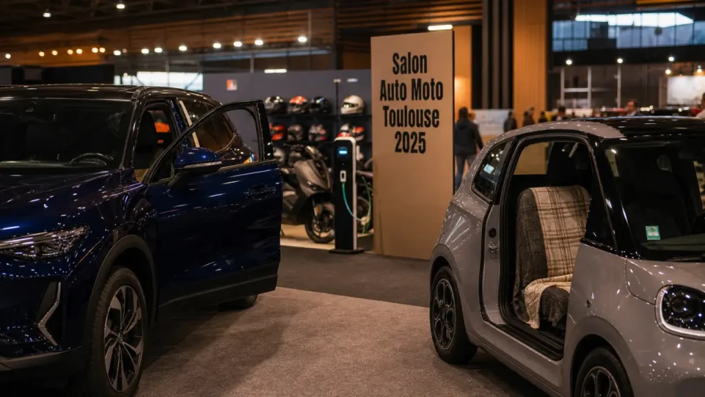 Salon de l'auto Toulouse 2025 au MEETT : SUV bleu électrique et citadine côte à côte
