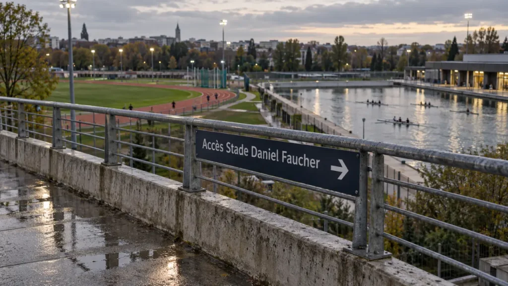 Accès du stade Daniel Faucher à Toulouse, signalétique et vue depuis une passerelle